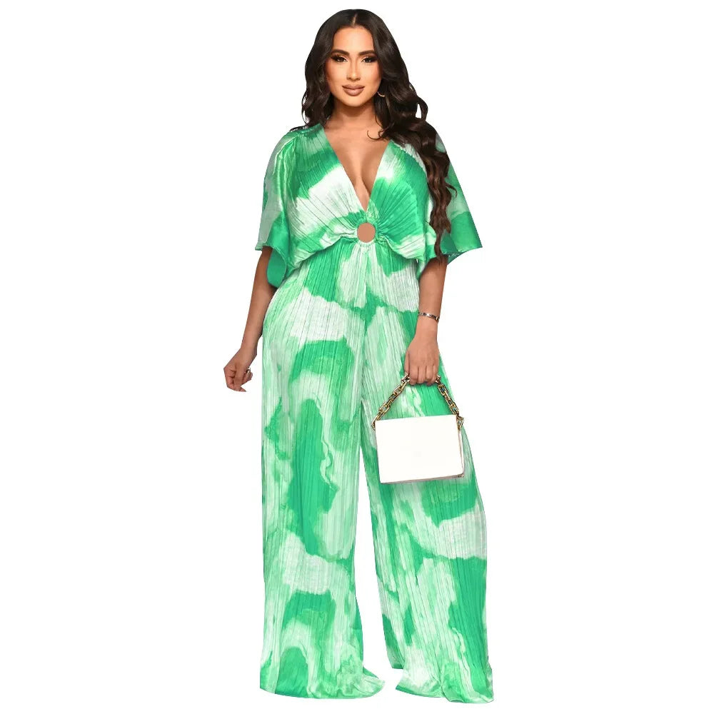 Elegant Women's Printed Pleated Jumpsuit Summer Sexy V-neck Short Sleeve Print High Waist Wide-leg Pants Casual Loose Jumpsuit