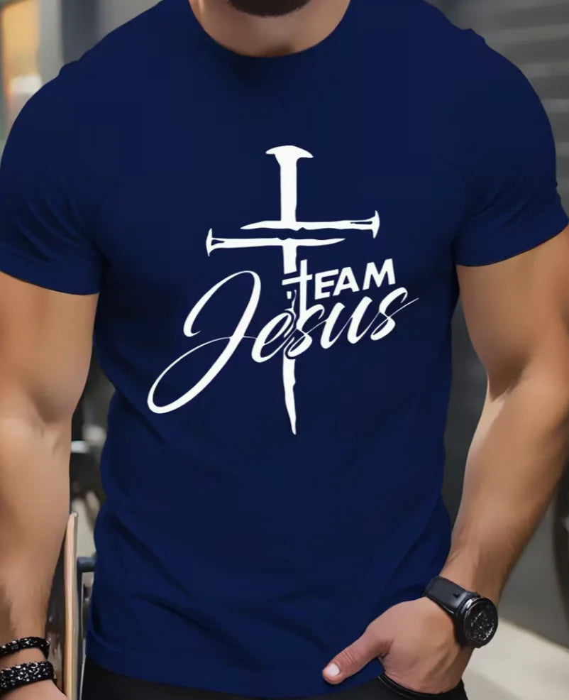 Men's Fashionable Round-neck Short-sleeve T-shirt with TEAM Jesus Letter and Cross Daily Home Wear The Perfect Choice for Summer