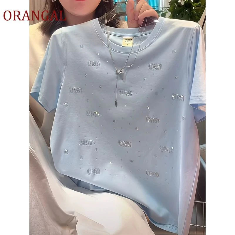Elegant Short Sleeve T-Shirt Women's Heavy Embellished Diamond Versatile Beautiful Shoulder Slimming Fashionable Top Trendy