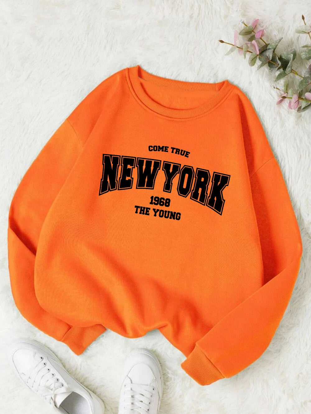 New York 1968 Women Sweatshirt Black Letter Print Sporty Hoodie Winter Casual Fleece Pullover Crewneck Red Hoody Street Clothing