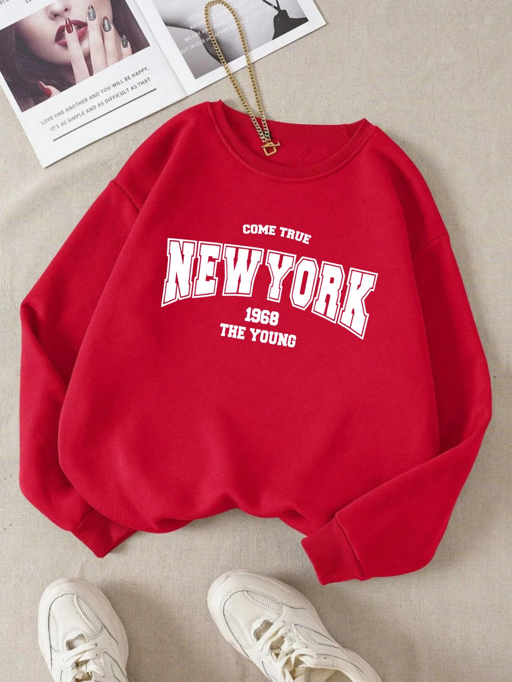 New York 1968 Women Sweatshirt Black Letter Print Sporty Hoodie Winter Casual Fleece Pullover Crewneck Red Hoody Street Clothing