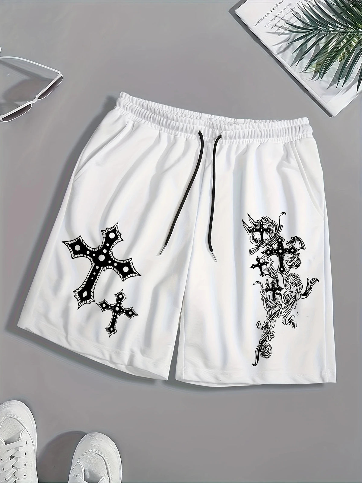 Men'S Breathable Casual Shorts with A Cross Print, Featuring An Elastic Waistband with Drawstring