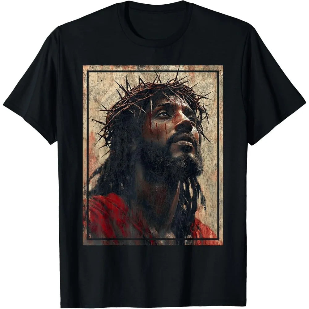 Black Jesus Face of Jesus Cross with Crown of Thorns T-Shirt Printed T-shirt for Christian Believers O-neck Short-sleeve Tops