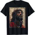 Black Jesus Face of Jesus Cross with Crown of Thorns T-Shirt Printed T-shirt for Christian Believers O-neck Short-sleeve Tops