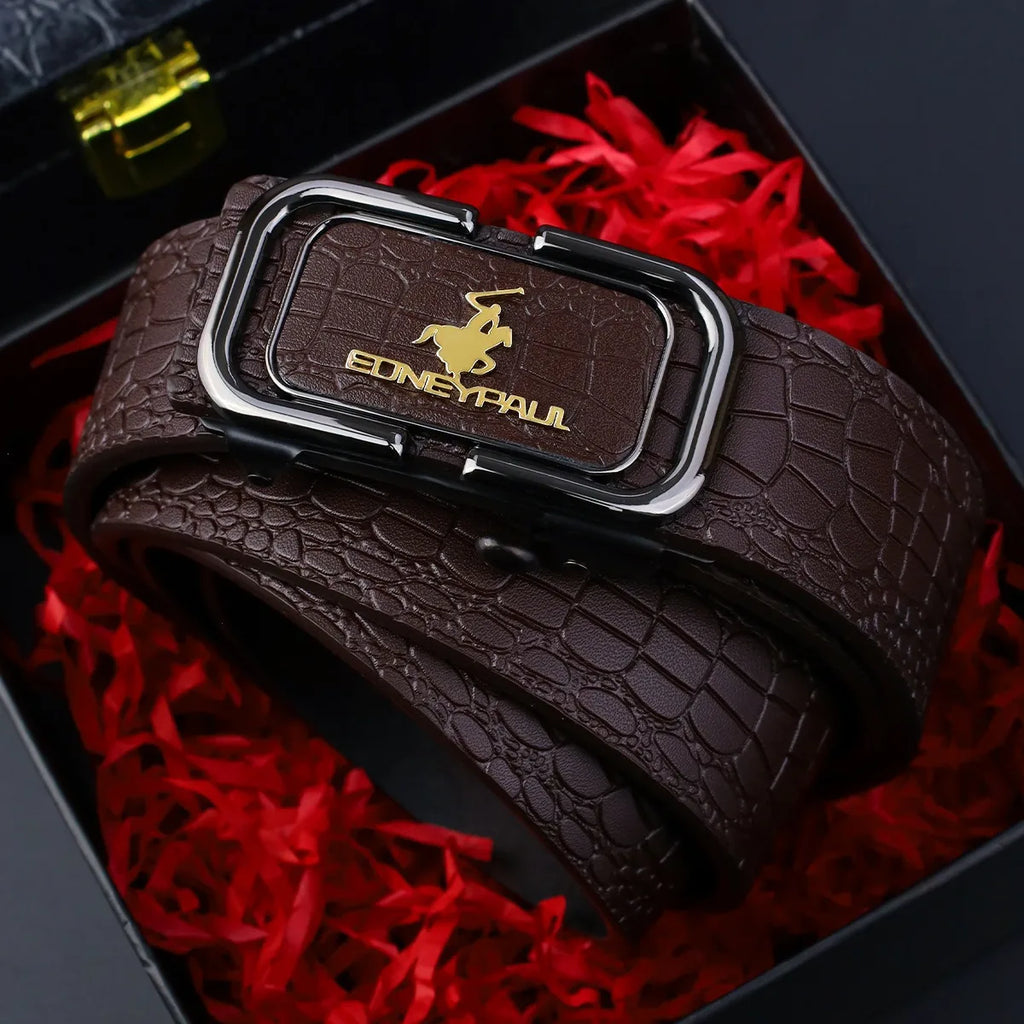 Men's Sleek Automatic Buckle Belt - Genuine FauxwithTextured Square Pattern, Black, Simple & Stylish DesignforCasual Attire