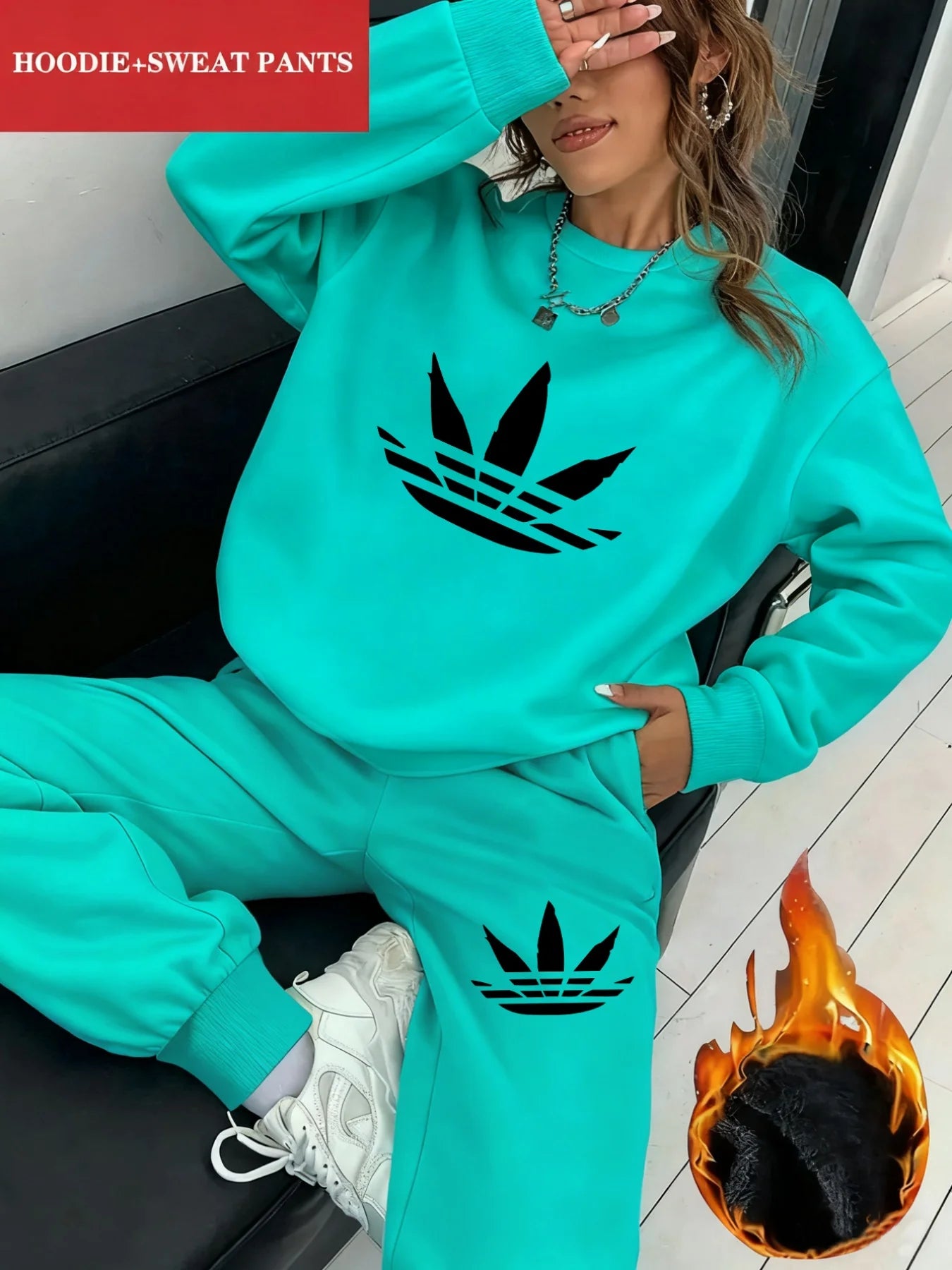2Pc Creative Printed Y2K Style Autumn and Winter Hot-Selling Women's Fashion Casual Sports Fleece-Lined Crewneck Sweatshirt and Sweatpants Set