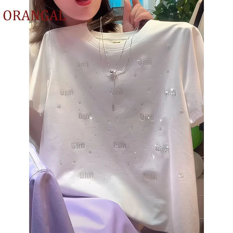 Elegant Short Sleeve T-Shirt Women's Heavy Embellished Diamond Versatile Beautiful Shoulder Slimming Fashionable Top Trendy
