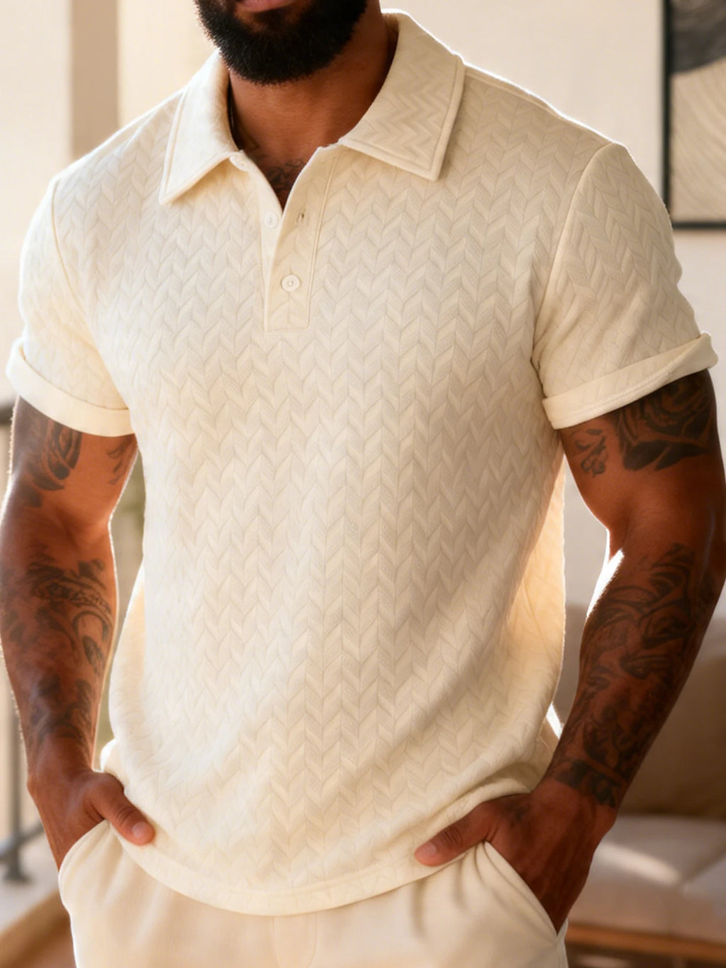 Men's Herringbone Jacquard Texture Polo Shirt with a Turn-Down Collar, Short Sleeves, Button Placket, and Knitted Top. Suitable for a Mature and Professional Look, Summer Casual Wear for Men