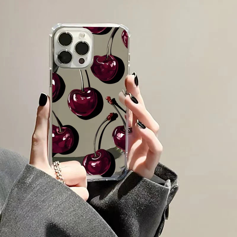 Cute Cherry Pattern Phone Case For iPhone 16 17 Pro Max 15 14 13 12 11 Pro XS X XR 7 8 Plus Make Up Mirror Shockproof Soft Cover