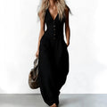 Summer Elegant V-neck Party Jumpsuit Women Casual Sleeveless Pocket Solid Color Party Romper Fashion Button Linen Playsuits