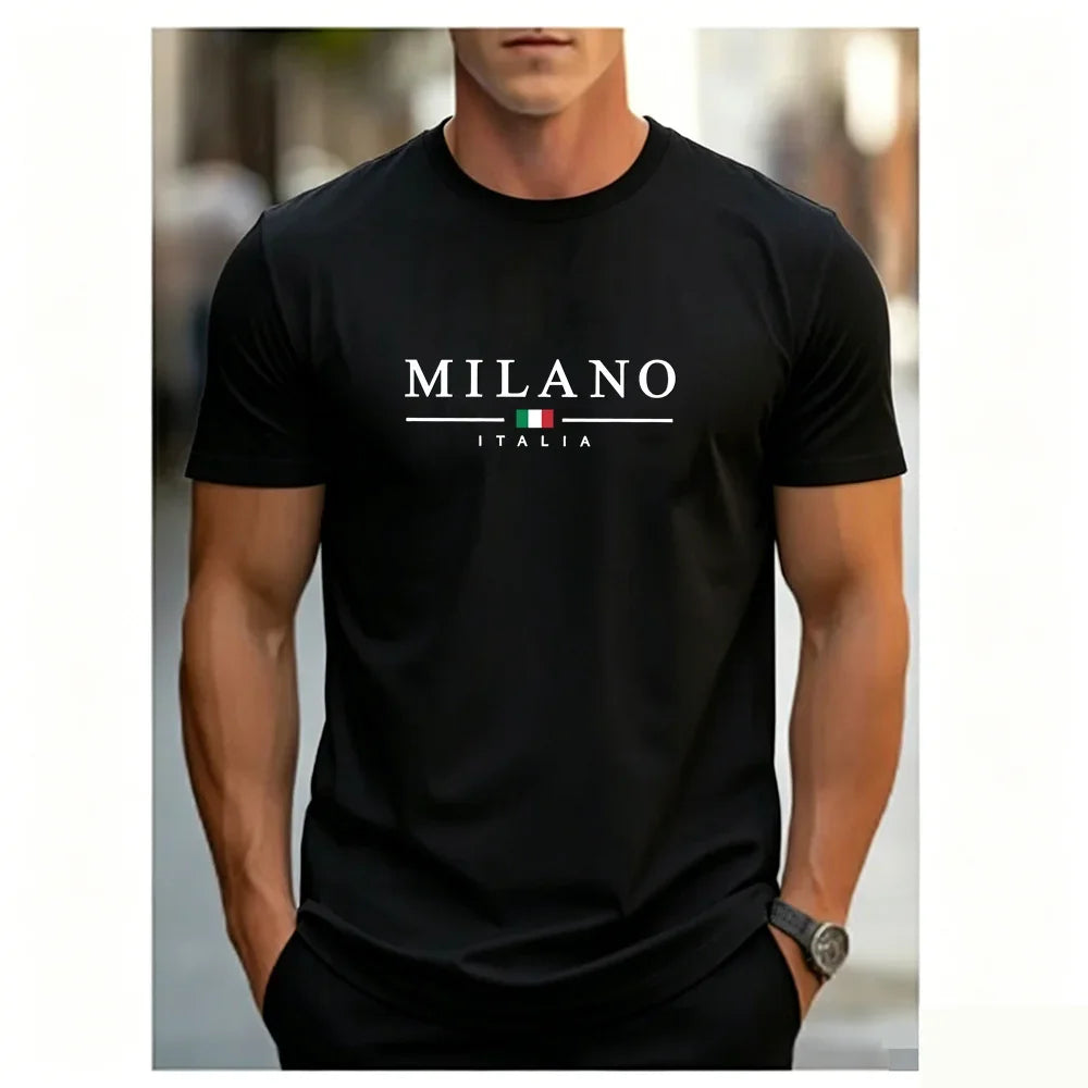Men's Summer Simple and Fashionable Milan Letter Printed Loose and Comfortable Round Neck Short Sleeved T-shirt Top