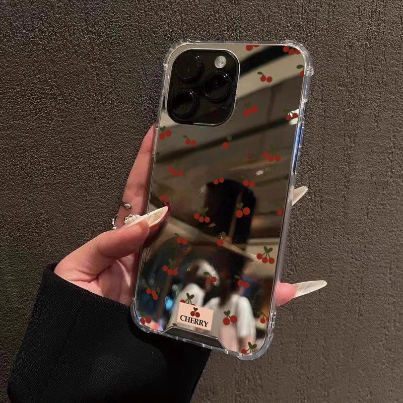 Cute Cherry Pattern Phone Case For iPhone 16 17 Pro Max 15 14 13 12 11 Pro XS X XR 7 8 Plus Make Up Mirror Shockproof Soft Cover