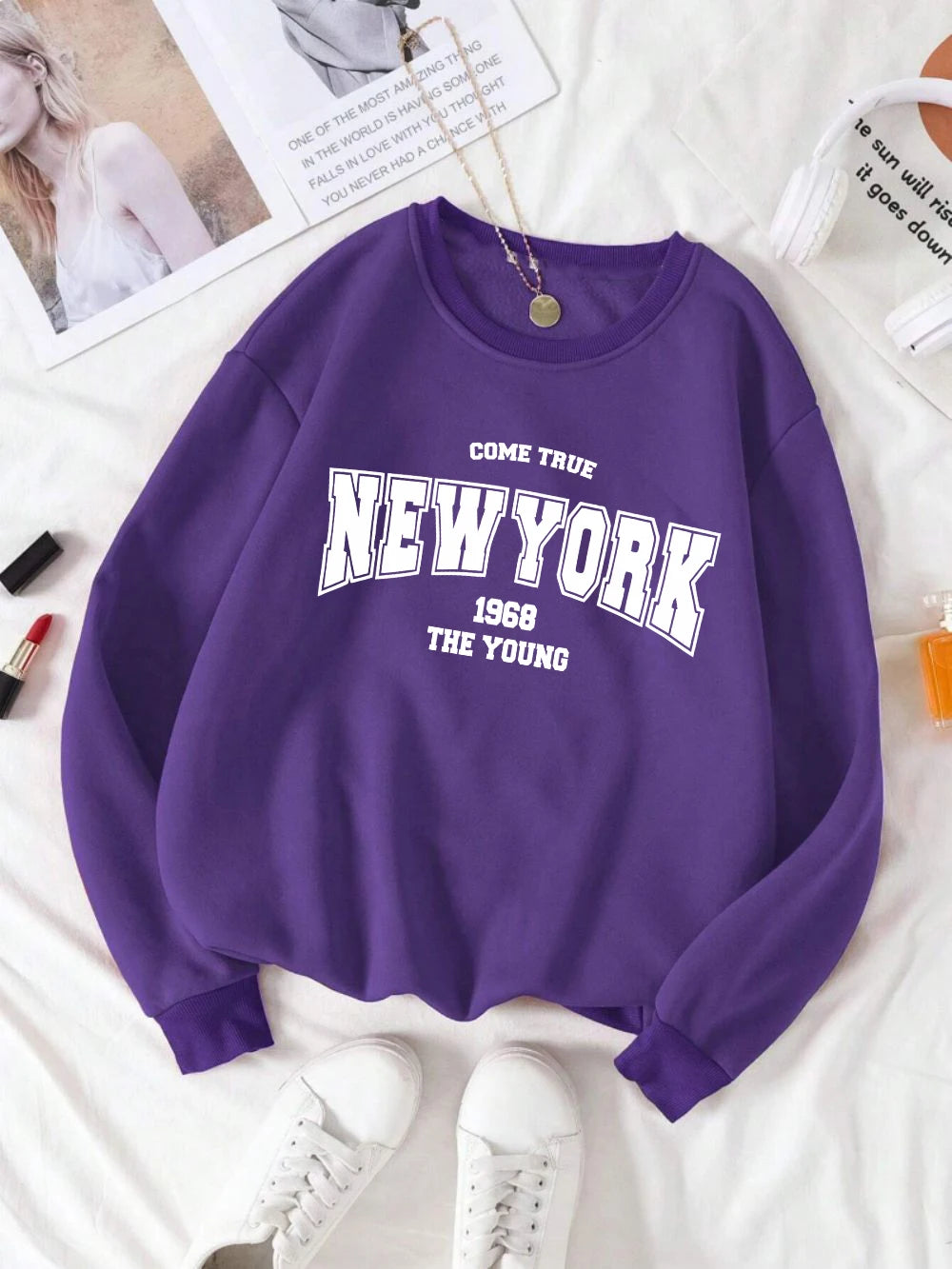 New York 1968 Women Sweatshirt Black Letter Print Sporty Hoodie Winter Casual Fleece Pullover Crewneck Red Hoody Street Clothing