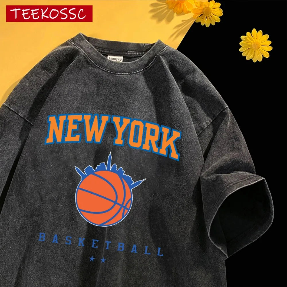 New York Basketball Printed Washed Men T-Shirt Summer Casual Fashion T-Shirts Sport Cotton Streetwear Breathable Short Sleeve