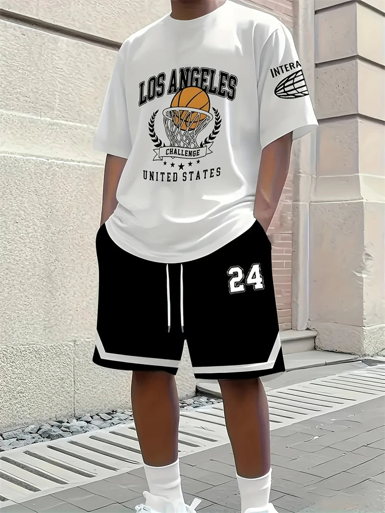 Spring New Men's Casual Tops And Shorts, Simple Basketball-printed Men's Round-neck T-shirts And Casual Shorts, Fashionable And