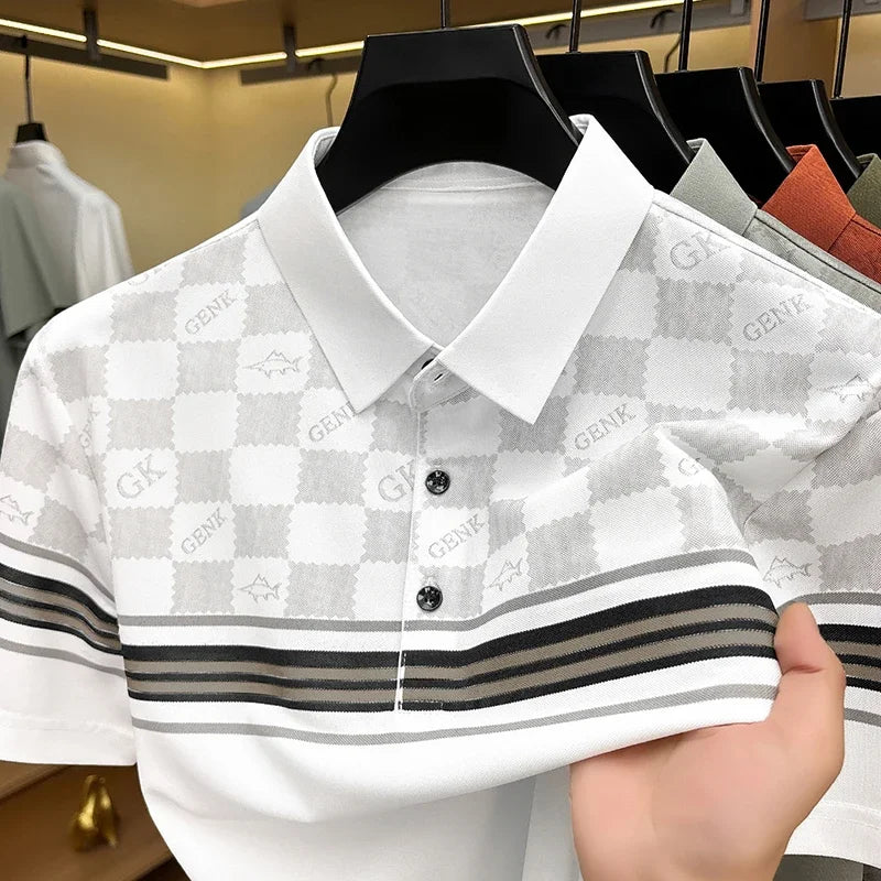 Mens Half Checkered Letter Print Stripe Splicing Short Sleeve Polo Shirts Soft  Breathable Business Casual Tops For Summer Daily