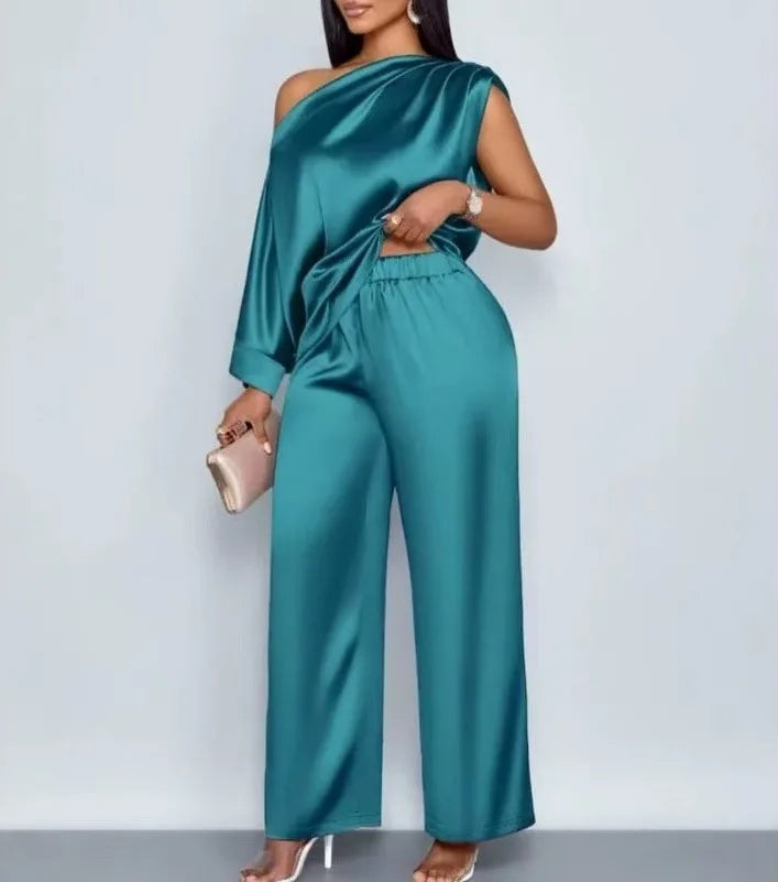 Pant Set Women Two Piece Sets Skew Collar Sexy Slim Fit Tops Wide Leg Long Pants Elastic Waist Y2k Streetwear Elegant 2026