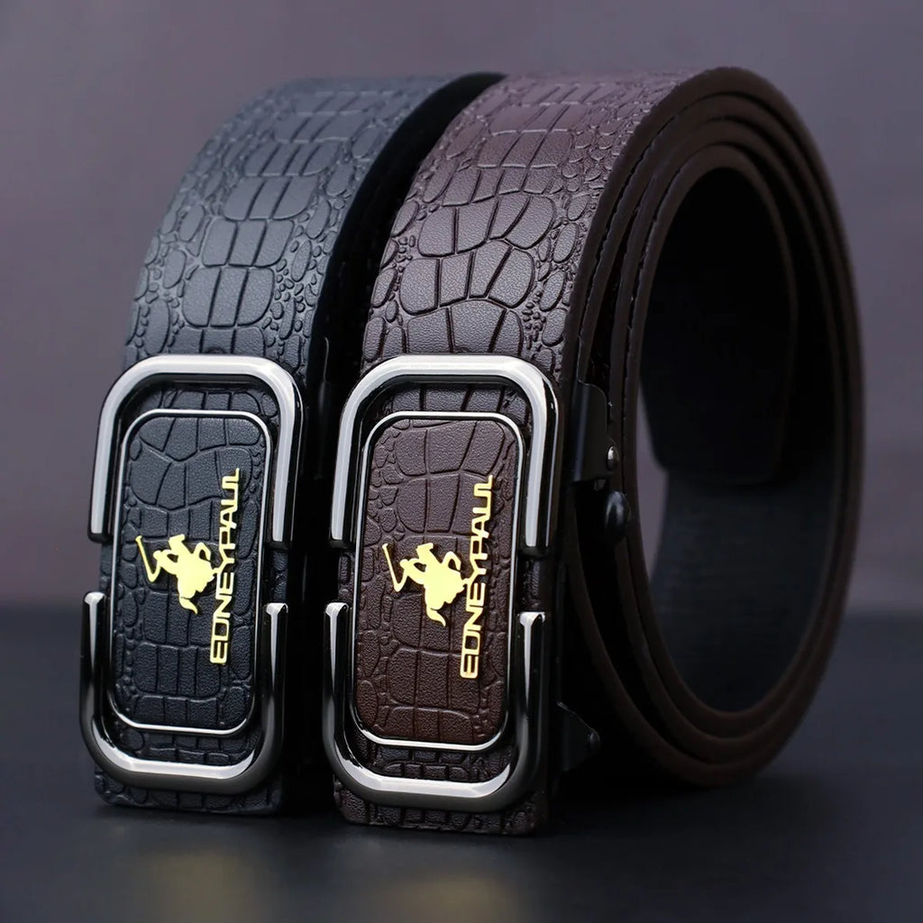 Men's Sleek Automatic Buckle Belt - Genuine FauxwithTextured Square Pattern, Black, Simple & Stylish DesignforCasual Attire