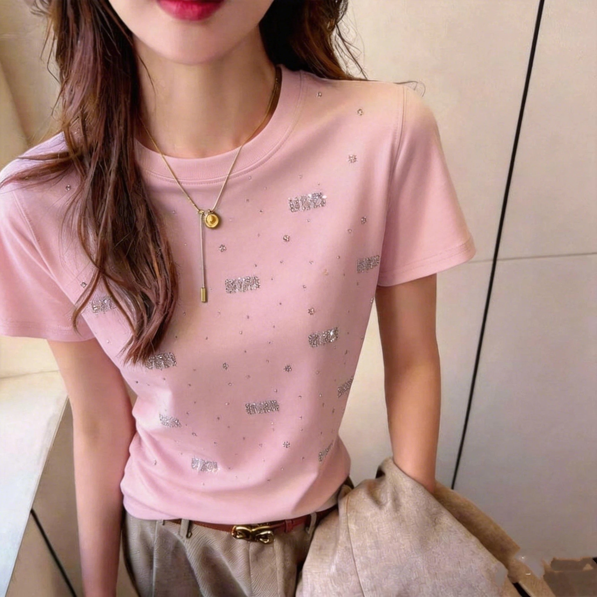 Elegant Short Sleeve T-Shirt Women's Heavy Embellished Diamond Versatile Beautiful Shoulder Slimming Fashionable Top Trendy