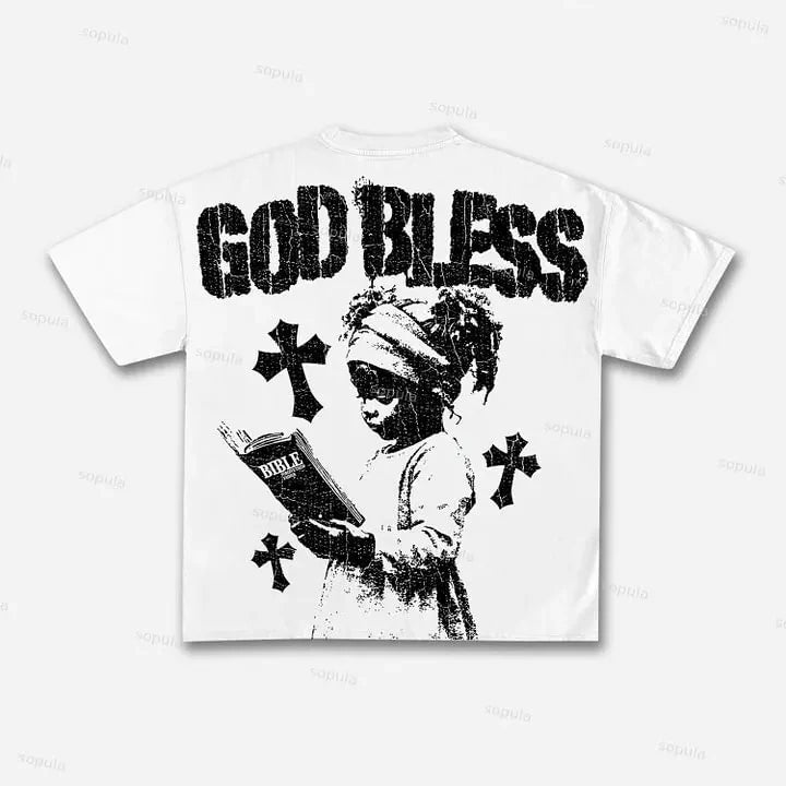 God Bless Children's Prayer Graphic Print Cotton T-shirt Men Women High Quality Tops Vintage Style T Shirt Outside Streetwear