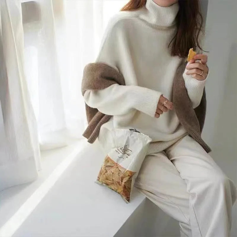 Autumn Winter Thick Loose Knitwear Sweater Tops Casual Turn Down Collar Long Lantern Sleeve Knitted Pullover Coats PYXA-dh70