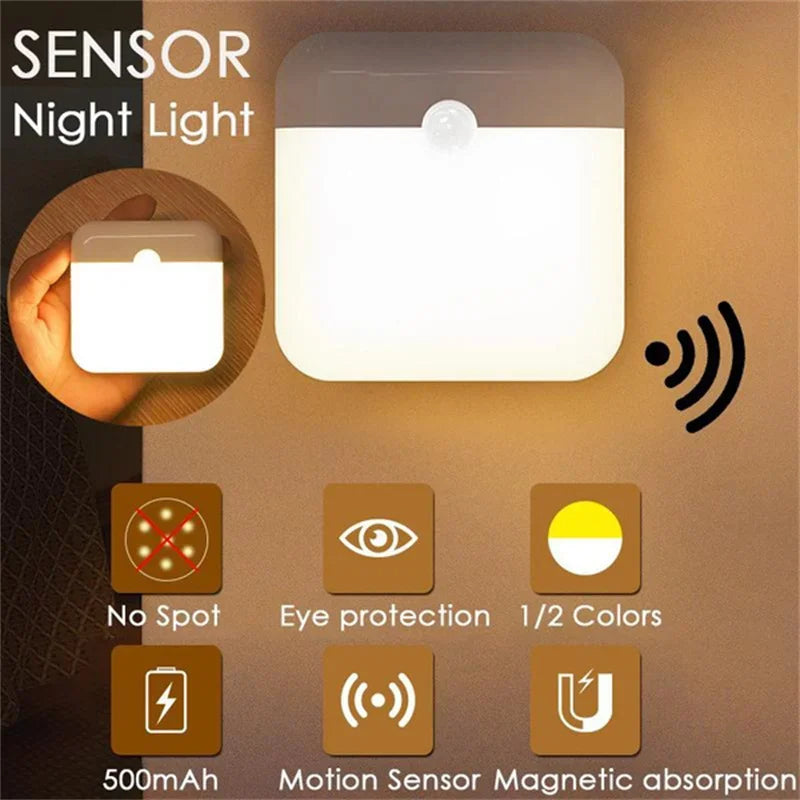 Motion Sensor Light Led Usb TYPE-C Charging Square Lamp for Bedroom Kitchen Stair Hallway Wardrobe Cupboard Lighting Night Light