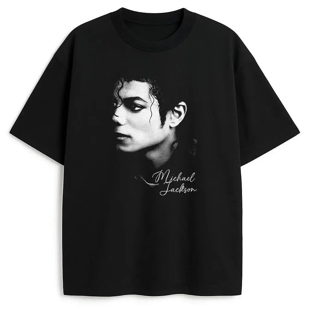 Portrait & Gold Signature Summer Rock Y2k Streetwear Michael Jackson T-Shirt Vintage Graphic Print Tee Casual Loose Top Unisex