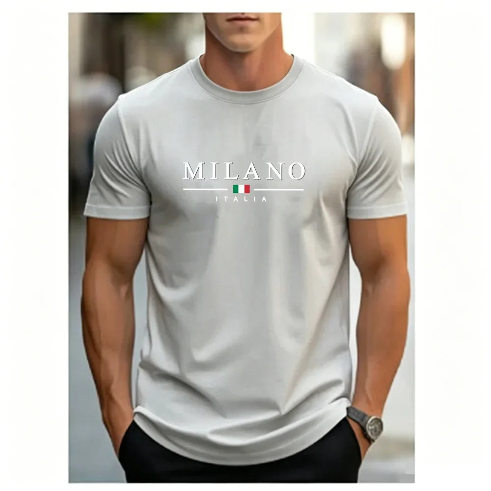 Men's Summer Simple and Fashionable Milan Letter Printed Loose and Comfortable Round Neck Short Sleeved T-shirt Top