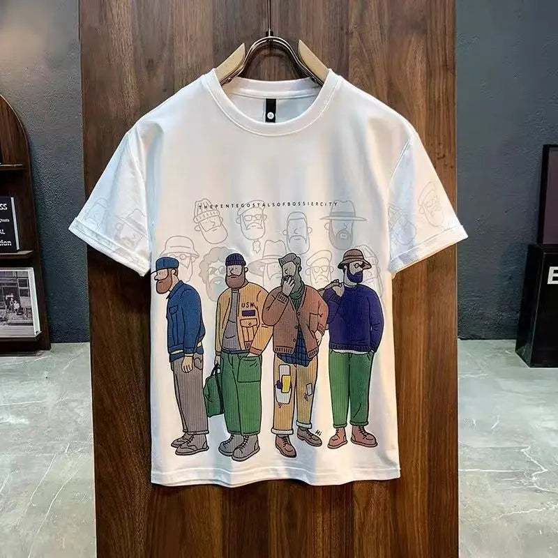 Men's Short Sleeve T-Shirt Summer Trendy Cartoon Print Round Neck Loose Casual Half Sleeve Shirt