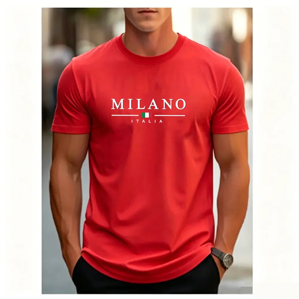 Men's Summer Simple and Fashionable Milan Letter Printed Loose and Comfortable Round Neck Short Sleeved T-shirt Top