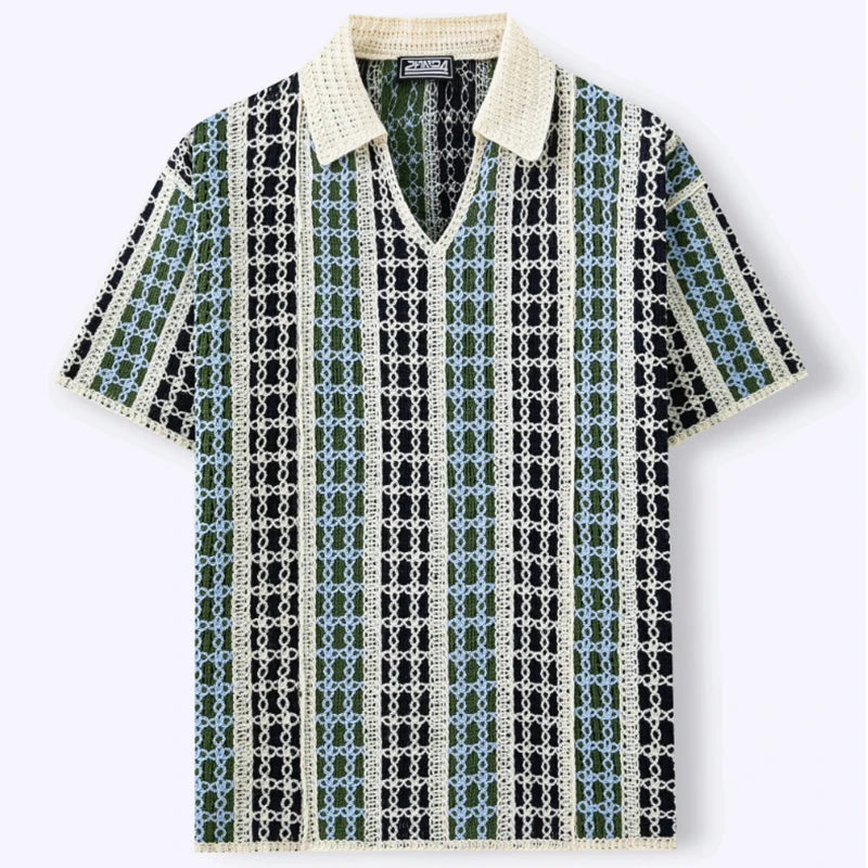 Vintage Mens Short Sleeve Knit Polos Summer Casual Breathable Lapel Knitting Polo Shirt Men Fashion Plaid Jacquard Polo Shirts