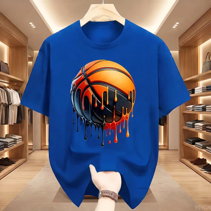 Men's Dripping Basketball Graphic T-Shirt, Streetwear Hip Hop Tee, Oversized Fit, WHITE Top for Men, Trendy Summer Style