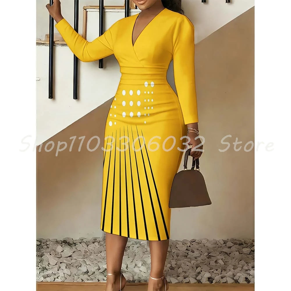 Polka Dot Vertical Stripe Print Bodycon Dress V-Neck Long Sleeve Midi Dress for Women Spring Party Date Night Outfit