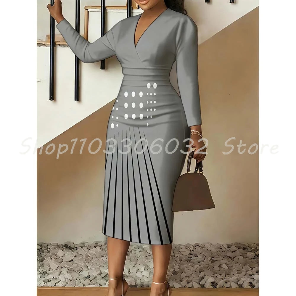 Polka Dot Vertical Stripe Print Bodycon Dress V-Neck Long Sleeve Midi Dress for Women Spring Party Date Night Outfit