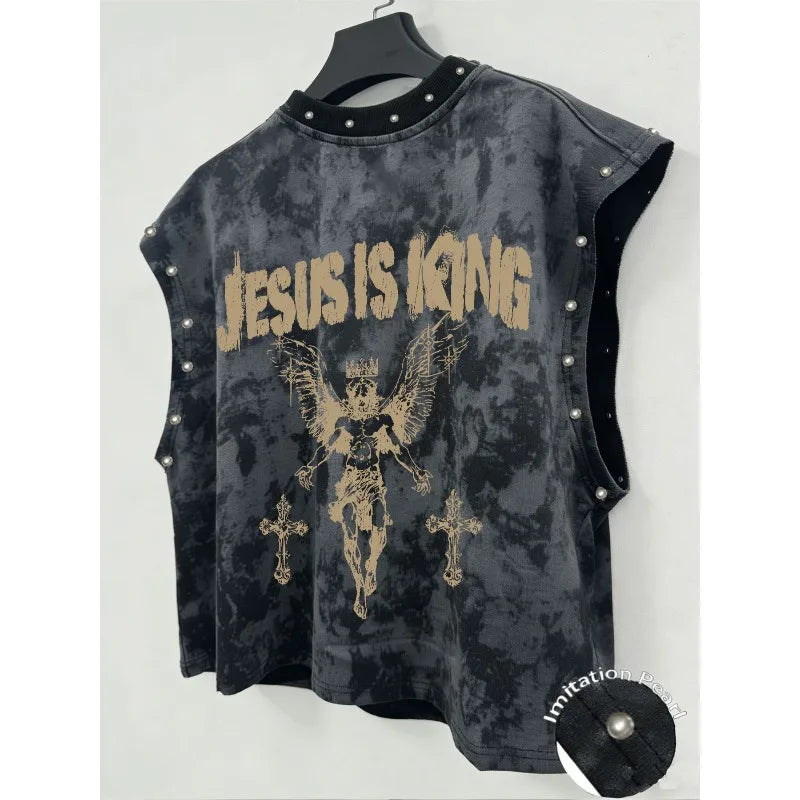 A Unisex, Retro-Style Vest Featuring Angel-Themed Prints and Faux-Pearl Accents—Perfect for Music Festivals.