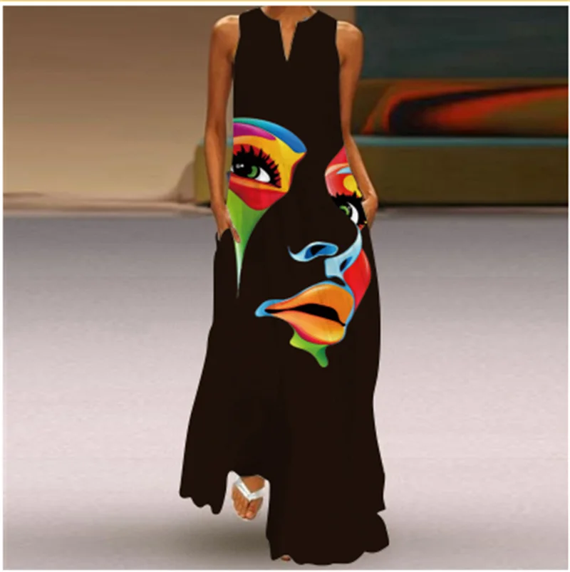 Fashion Lady Summer Long Women's Dress Black Sleeveless Loose Face Print Elegant Party Dresses For Women Casual Beach Dress Robe