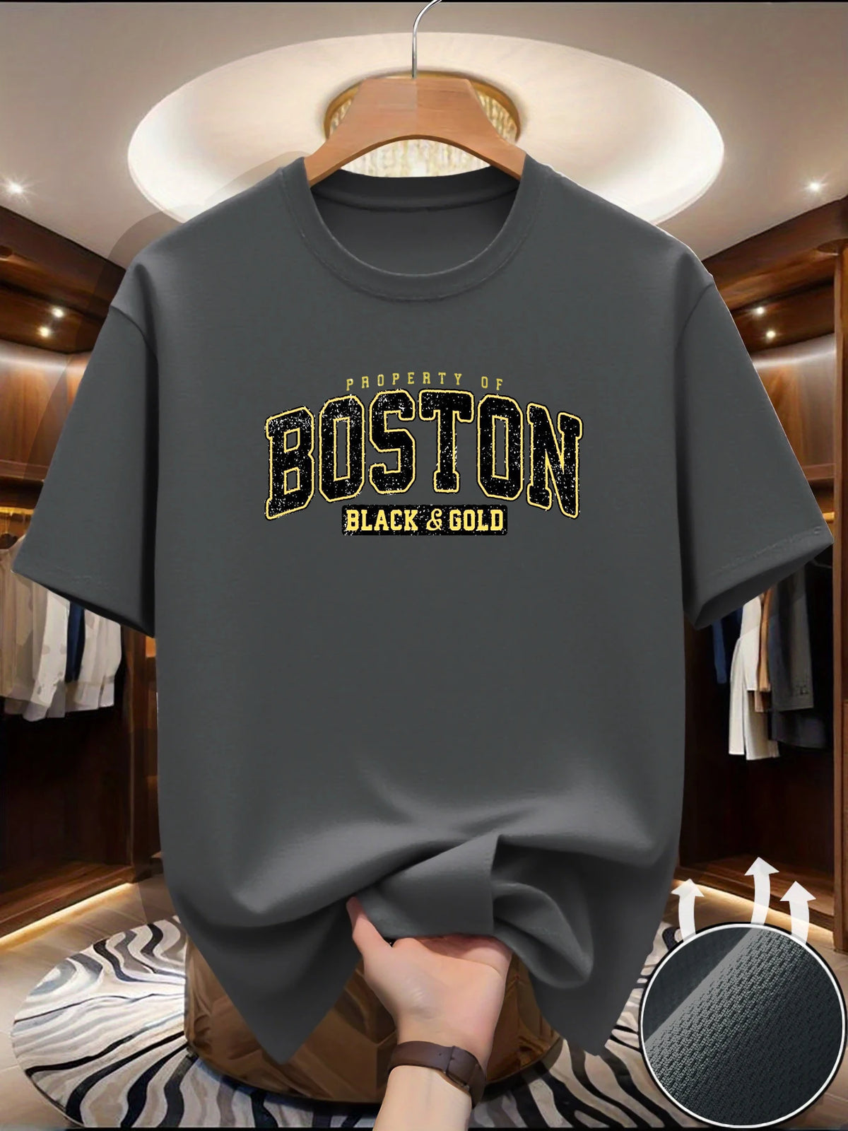 Men's summer fashionable casual sporty loose style Boston print pattern comfortable breathable round-neck T-shirt top