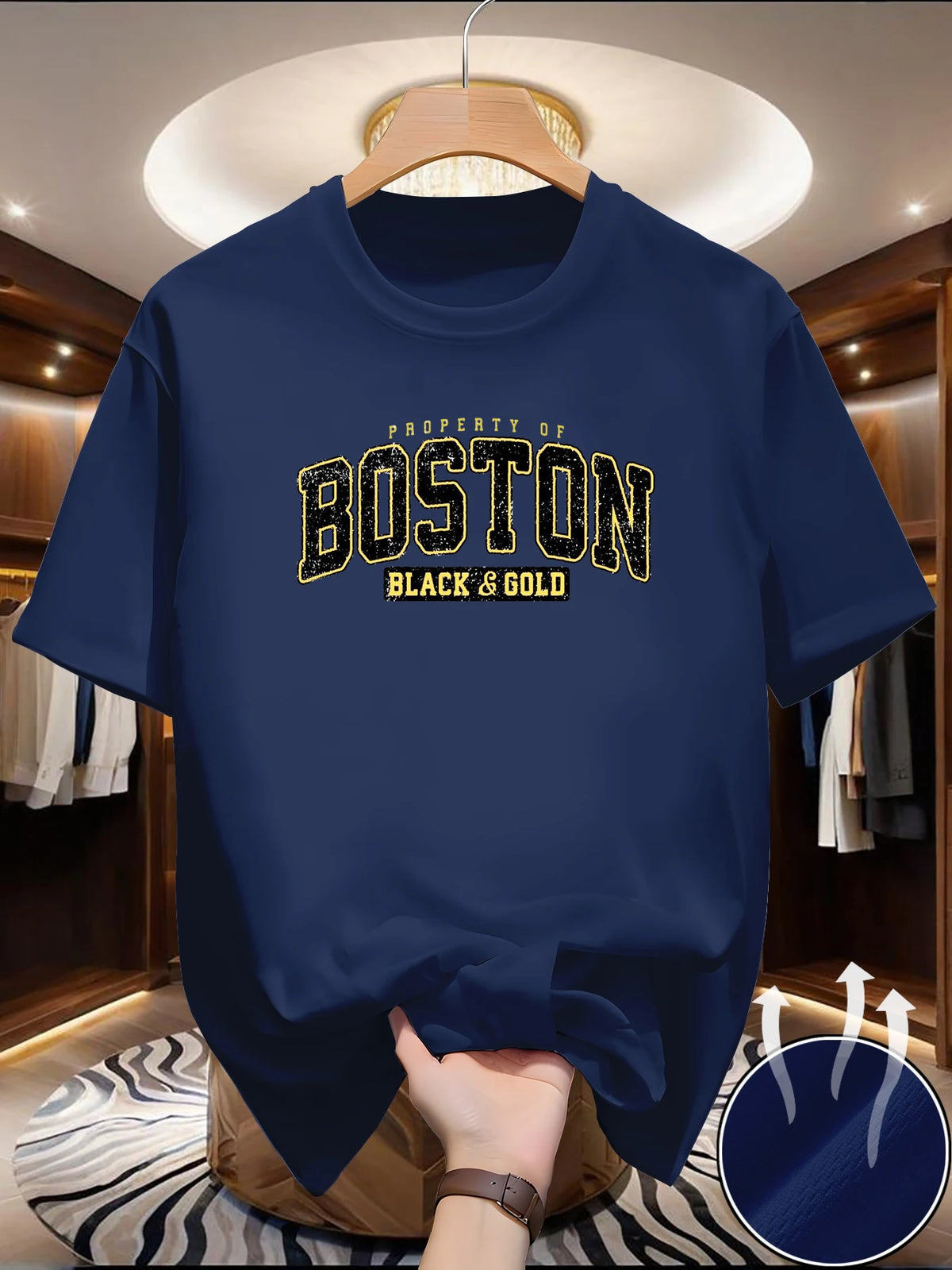 Men's summer fashionable casual sporty loose style Boston print pattern comfortable breathable round-neck T-shirt top