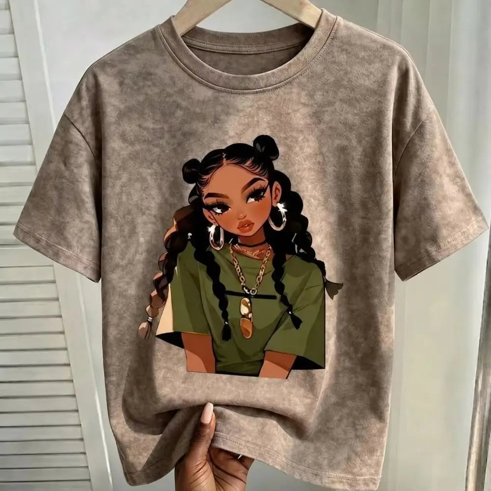 2026 Retro Pattern T-shirt Urban Girl "Bad Girl" Teenage Aesthetic Tee Unique O-Neck Streetwear Fun Style Casual Summer Women's