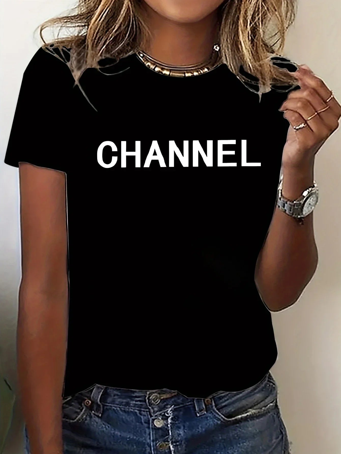 Camiseta gráfica de CANAL de moda elegante informal para mujer lavable a máquina - Top de manga corta con cuello redondo
