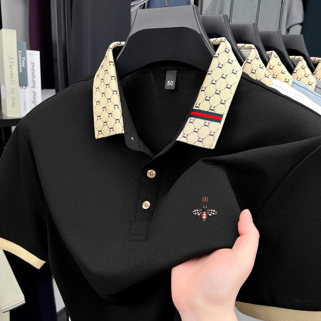 Men's Jacquard Polo Shirt with Letter Pattern, Short Sleeves, Bee Embroidery, Fashionable and Casual, Collar T-shirt, Summer New