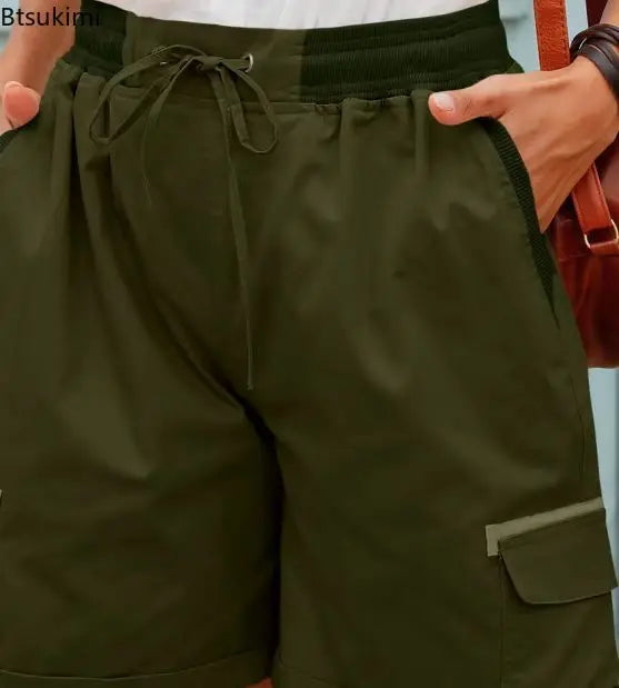 2026 Women's Cargo Shorts Pants Elastic Waist Short Pants Cotton Linen Pocket Summer Beach Solid Color Sliming Breathable Shorts