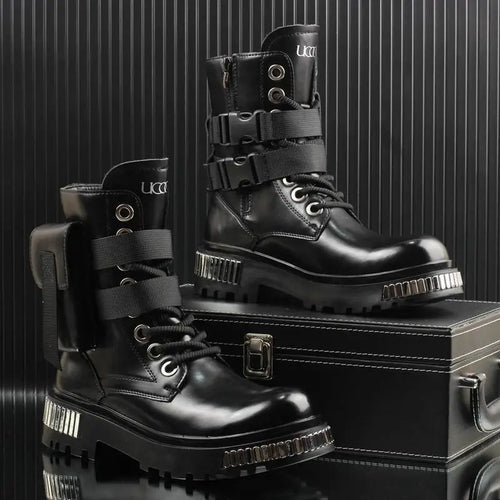 2025 White Men's High-Top Winter Velvet Warm British Medium Motorcycle Thick-Soled Boots