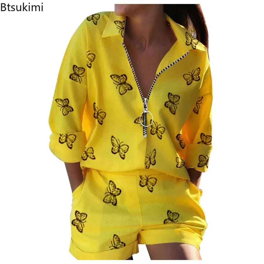 Women Summer Casual Loose Long Sleeve Zipper Tshirt Shorts Set Office Lady Fashion Turn Down Collar Letter Print Two Piece Set