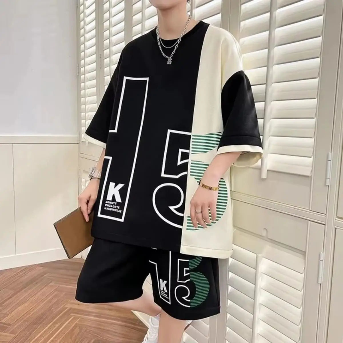 American men's summer fashion letter print comfortable breathable round neck T-shirt drawstring shorts set outdoor casual wear