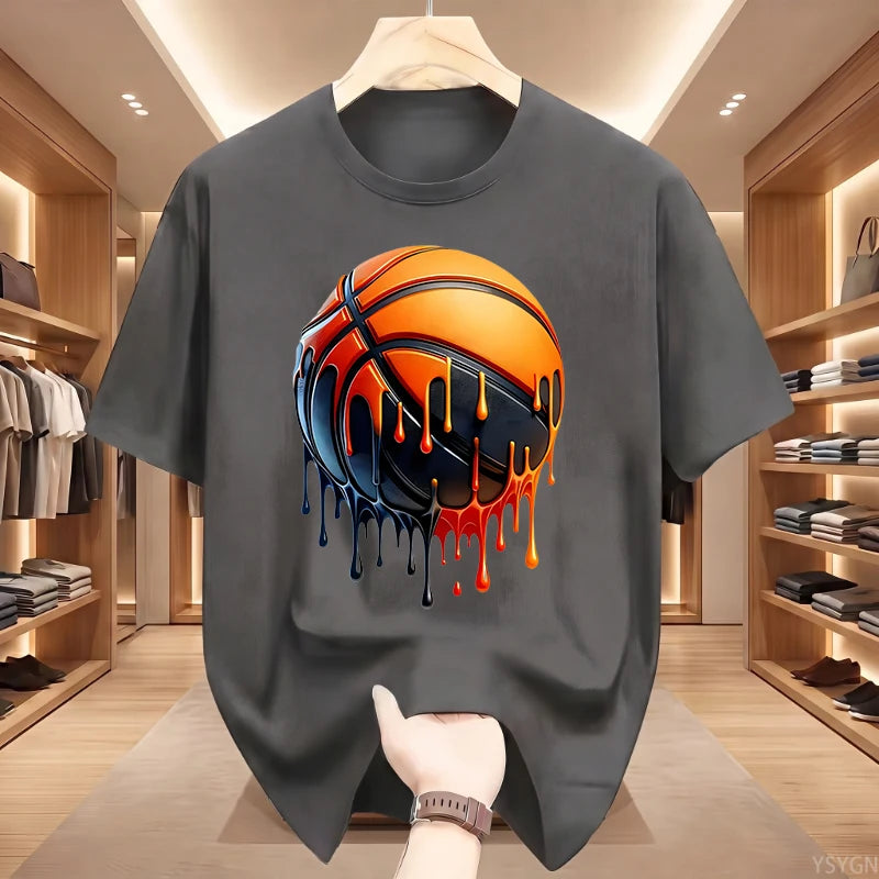 Men's Dripping Basketball Graphic T-Shirt, Streetwear Hip Hop Tee, Oversized Fit, WHITE Top for Men, Trendy Summer Style