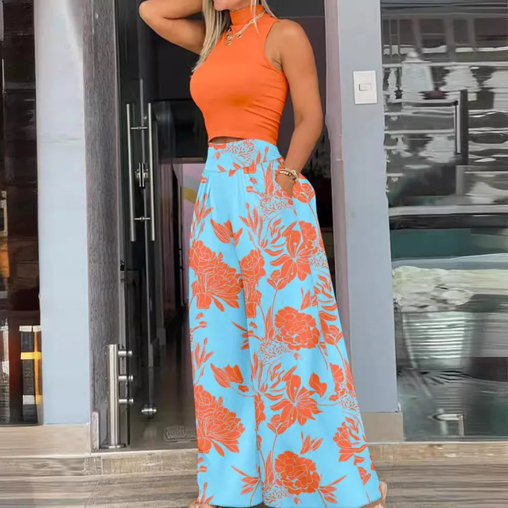 2025 Women's Pants 2 Piece Set  Loose Wide Leg Pants Overall High Waist Sleeveless Printed Fashion Casual pants sets