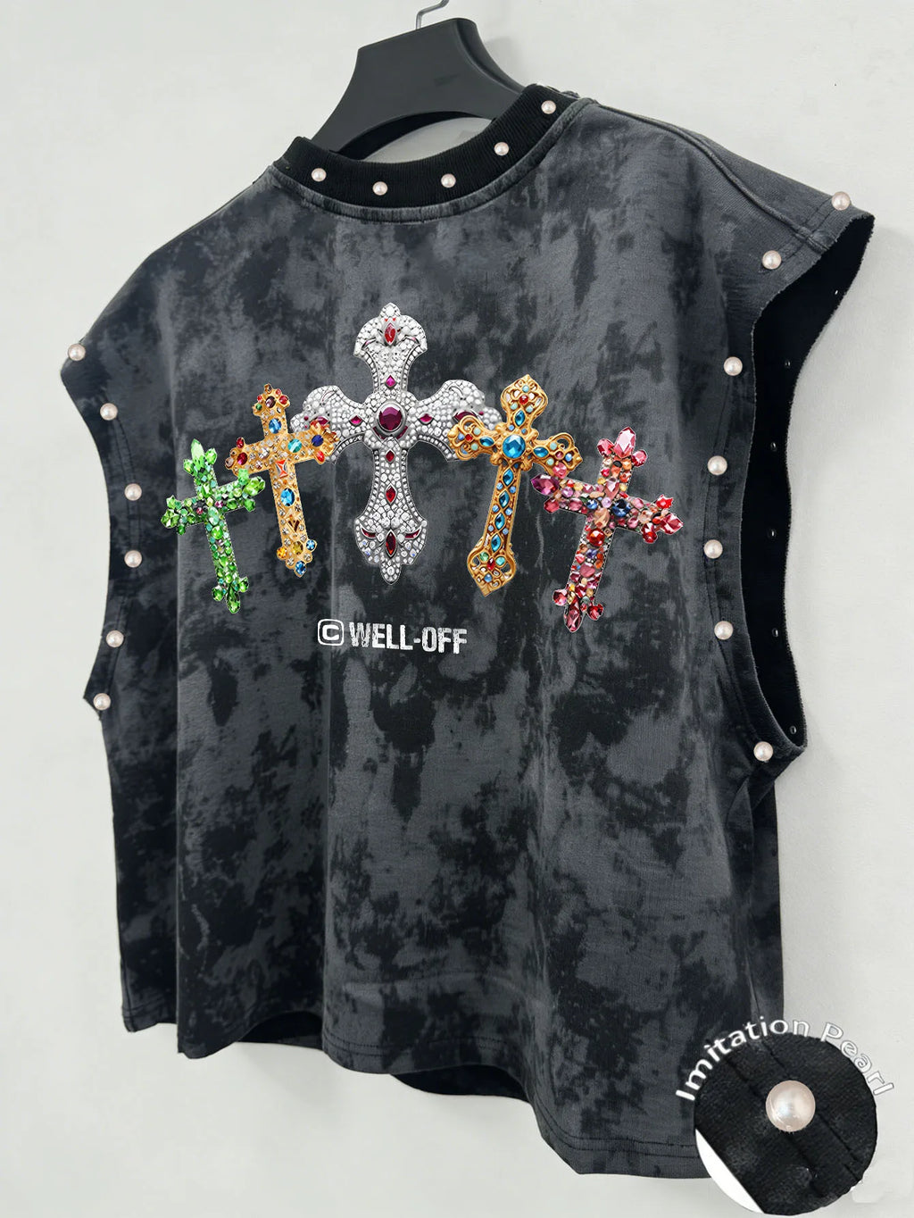 Unisex Cropped Vest with Cross Print and Faux Pearls
