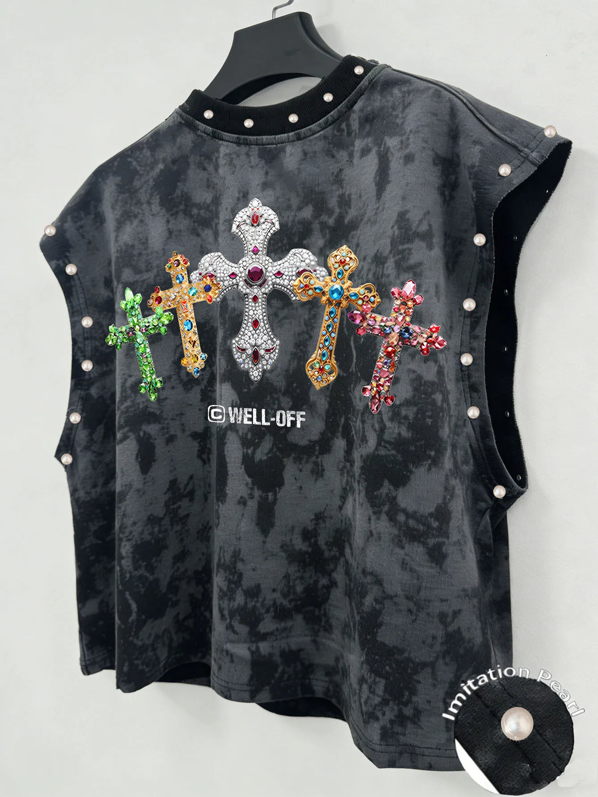 Unisex Cropped Vest with Cross Print and Faux Pearls