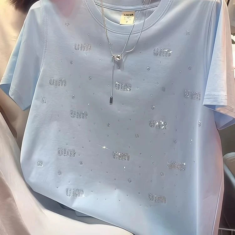 Elegant Short Sleeve T-Shirt Women's Heavy Embellished Diamond Versatile Beautiful Shoulder Slimming Fashionable Top Trendy